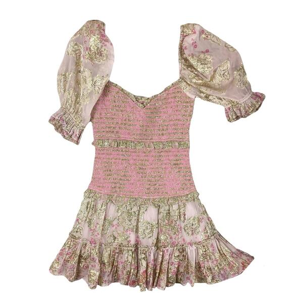 nwot HEMANT NANDITA Dress S Pink Floral Lyrics Tiered Smocked Puff-½-Sleeve Mini - Picture 2 of 16